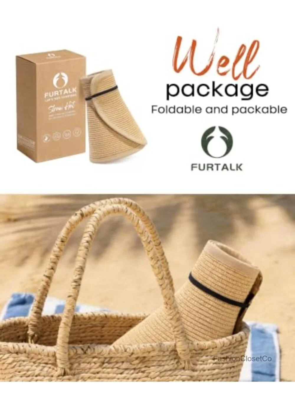 Wide Brim Sun Hat Straw Visor Ponytail UPF 80+ Packable Foldable Beach Travel